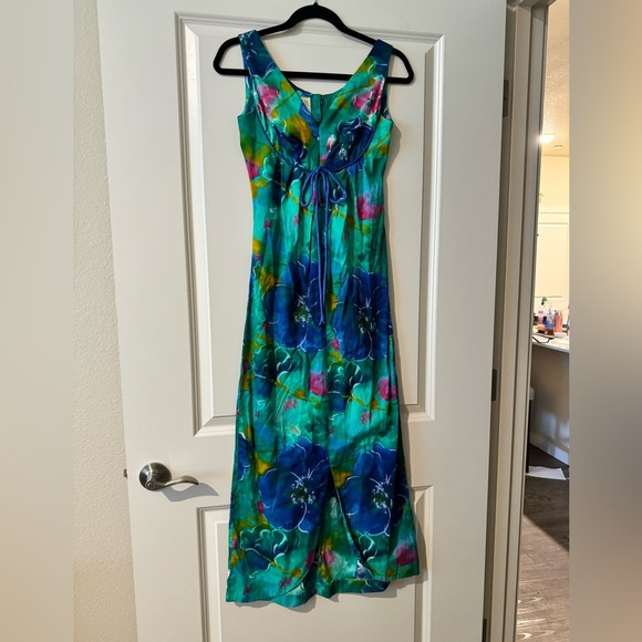 Vintage 60s Luahala Floral Hawaiian Dress Green Blue Tie Dye Fitted Small? EUC - Picture 1 of 3